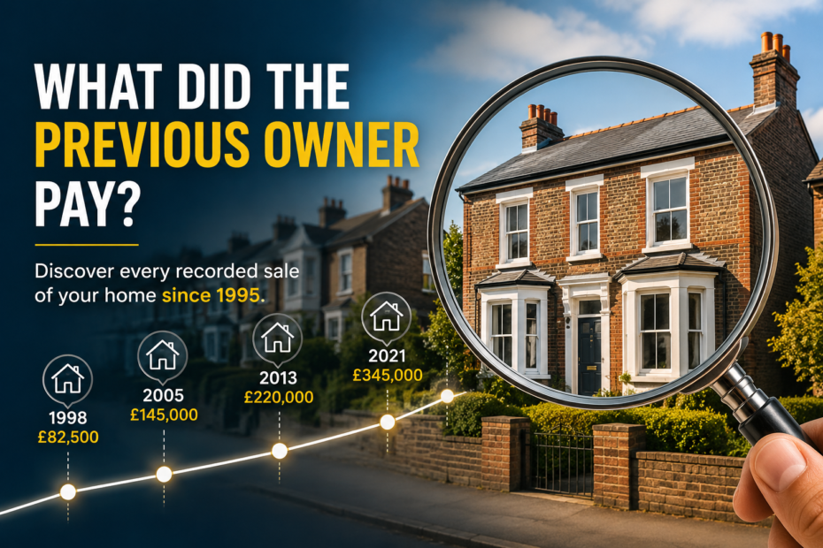 Illustration of a house being examined with a magnifying glass, representing the ability to discover a property's complete sales history and previous sale prices since 1995.