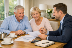 Older couple discussing future care planning and finances with a professional adviser in a comfortable home setting