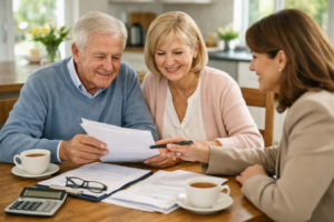 Older couple reviewing financial plans for later life care with a professional adviser in a modern home