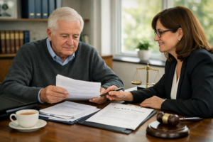 Surviving spouse reviewing jointly owned property and financial documents after the death of a partner