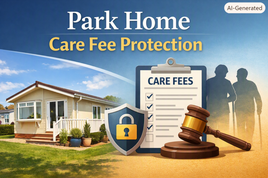 Illustration showing a park home beside a care‑fee document, gavel, and shield symbolising legal protection and estate planning for park home owners.