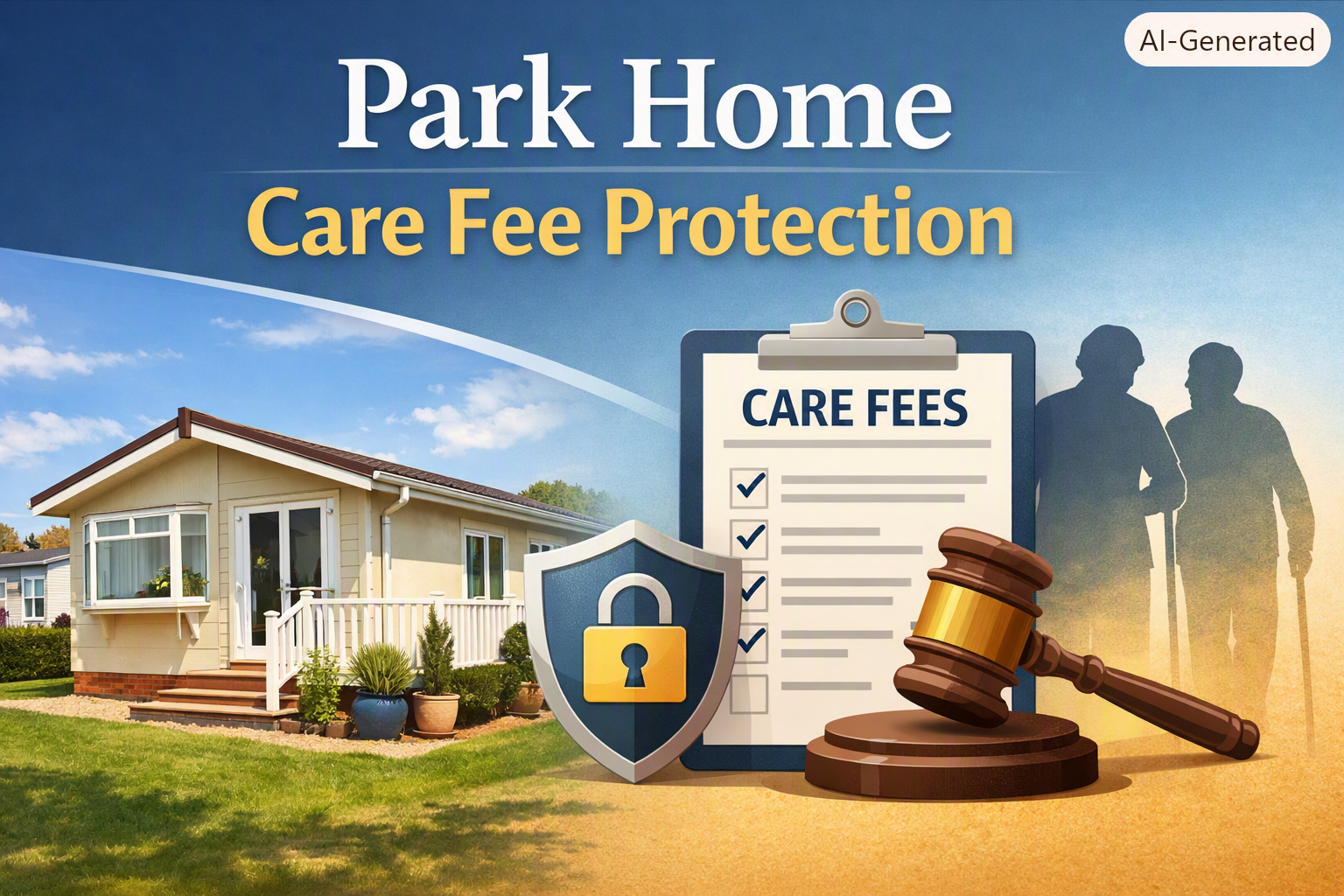 Illustration showing a park home beside a care‑fee document, gavel, and shield symbolising legal protection and estate planning for park home owners.