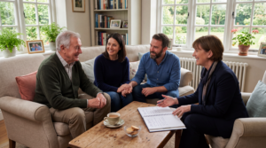 Family discussing professional care options with an older relative in a comfortable living room