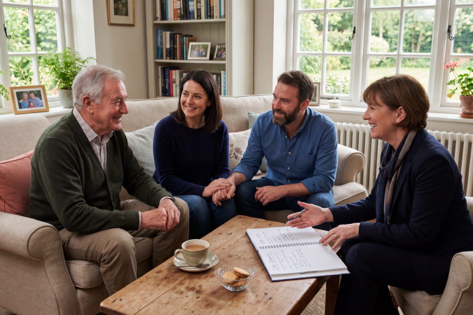 Family discussing professional care options with an older relative in a comfortable living room