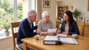 Older couple reviewing important legal documents together at home while planning for the future