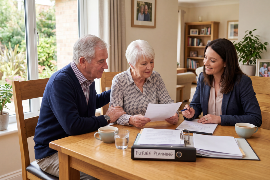 Older couple reviewing important legal documents together at home while planning for the future
