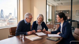 Older couple discussing their will and choosing an executor with a solicitor in a modern office