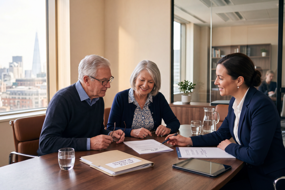Older couple discussing their will and choosing an executor with a solicitor in a modern office