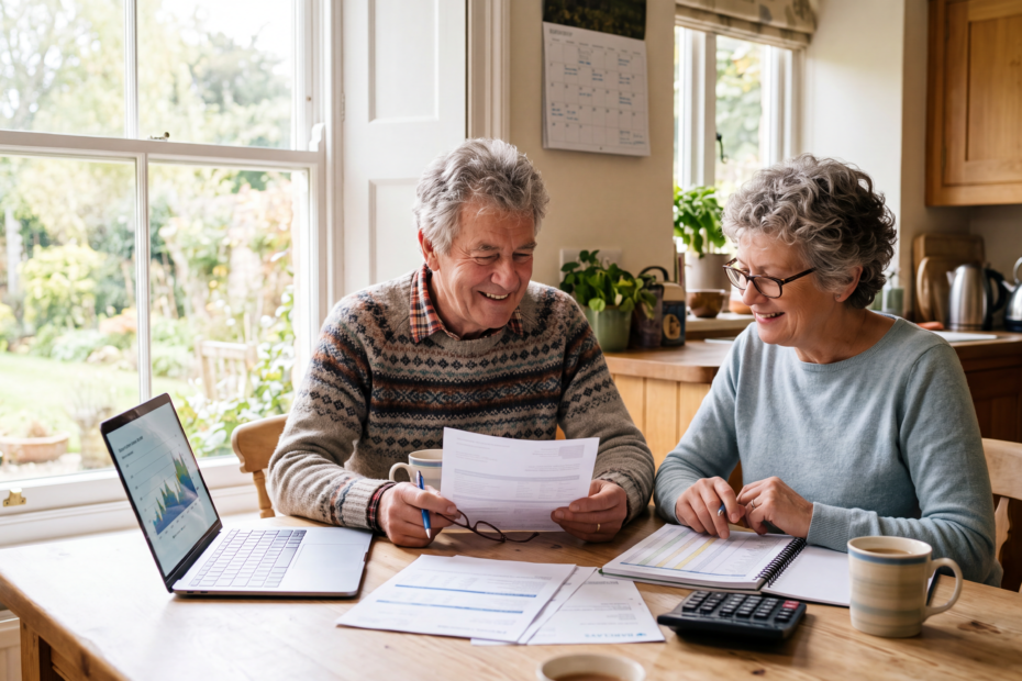 Retired couple reviewing pension statements, household budget, and financial documents at their kitchen table