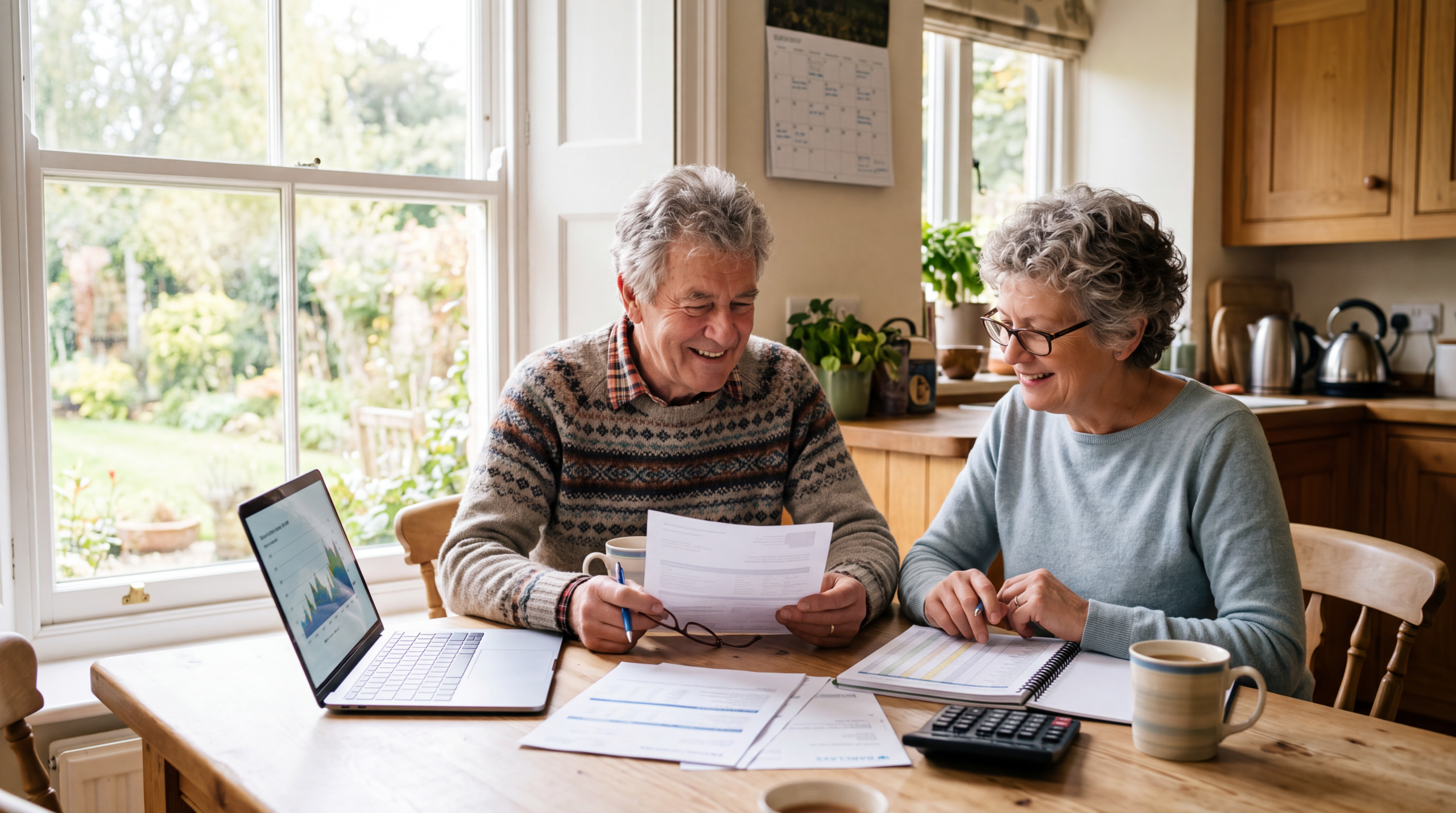 Retired couple reviewing pension statements, household budget, and financial documents at their kitchen table