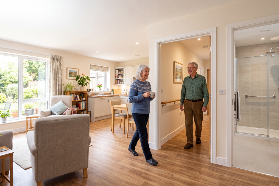Older couple enjoying a safe, accessible home with grab rails, bright lighting, and step-free access
