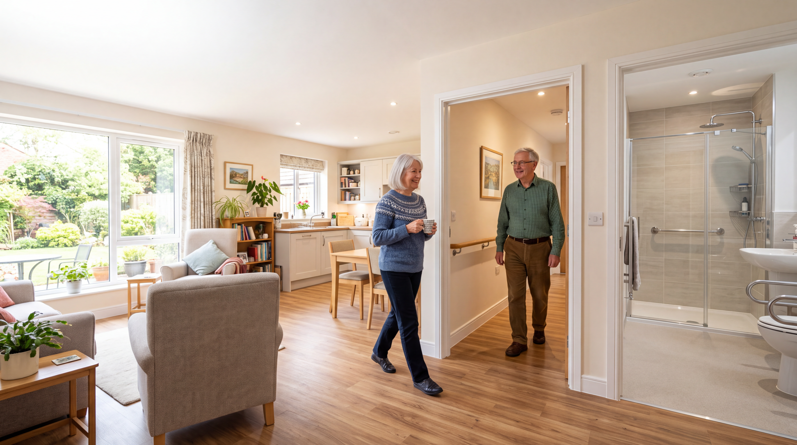 Older couple enjoying a safe, accessible home with grab rails, bright lighting, and step-free access