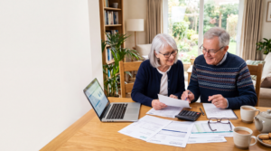 Retired couple reviewing pension statements and tax documents at home