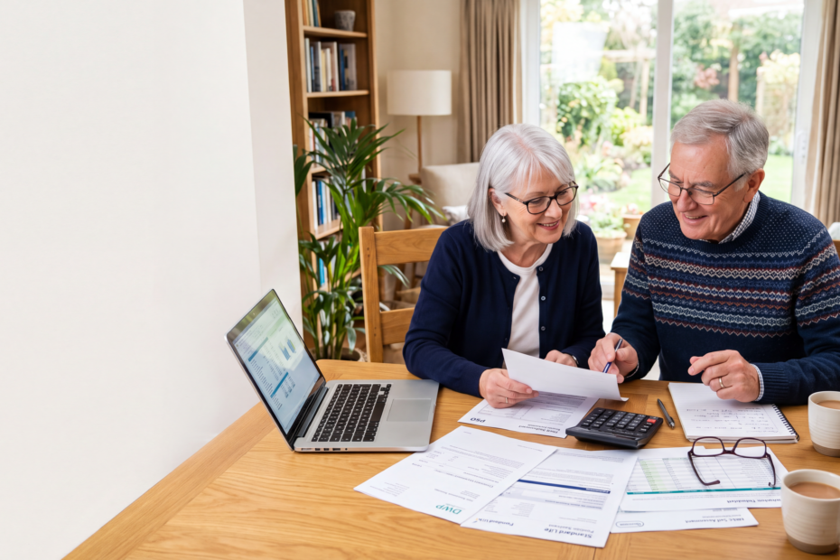 Retired couple reviewing pension statements and tax documents at home