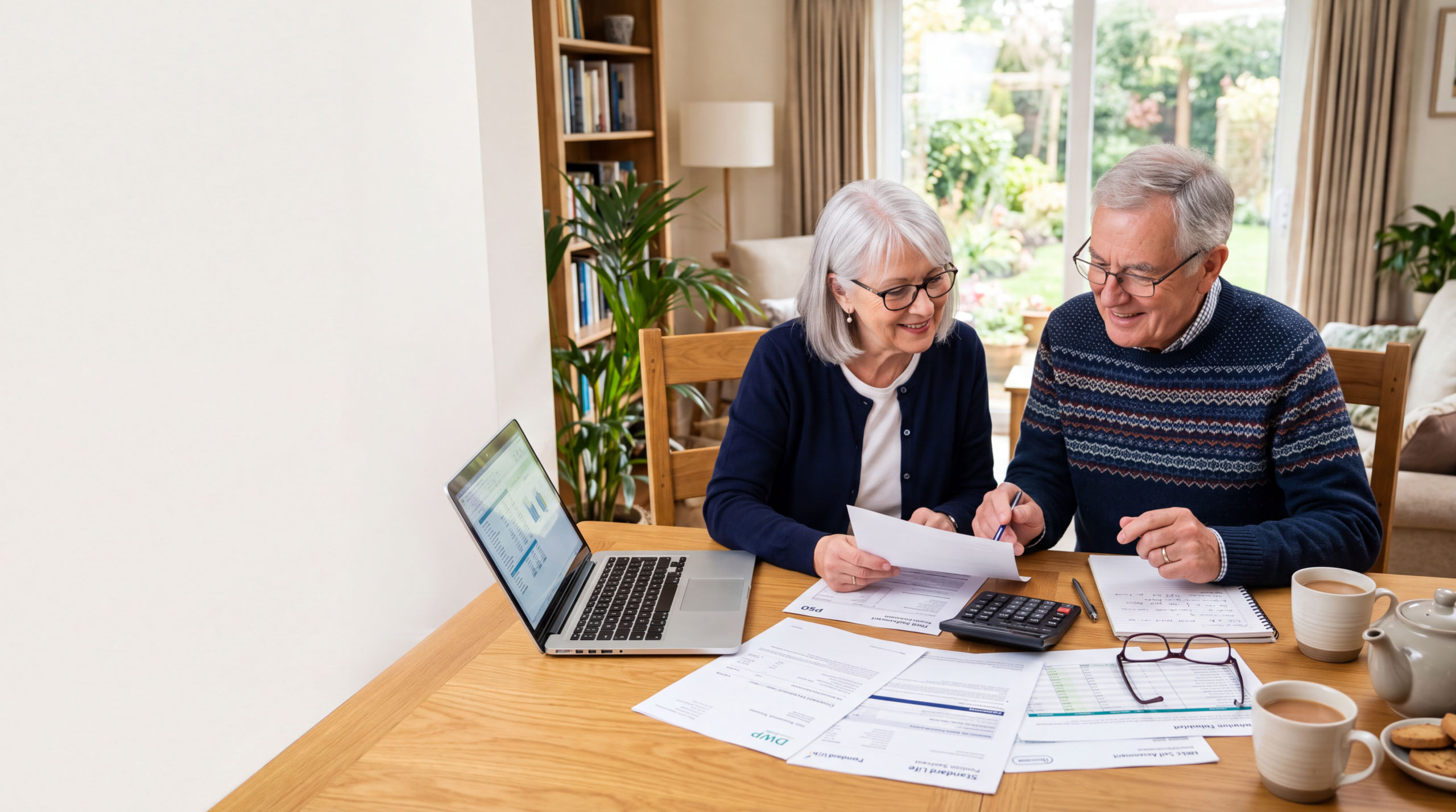 Retired couple reviewing pension statements and tax documents at home