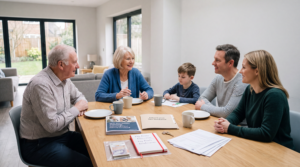 Grandparents discussing their financial legacy and estate planning with their adult children at home