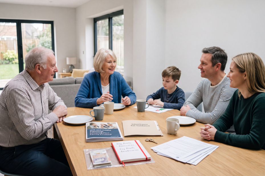 Grandparents discussing their financial legacy and estate planning with their adult children at home