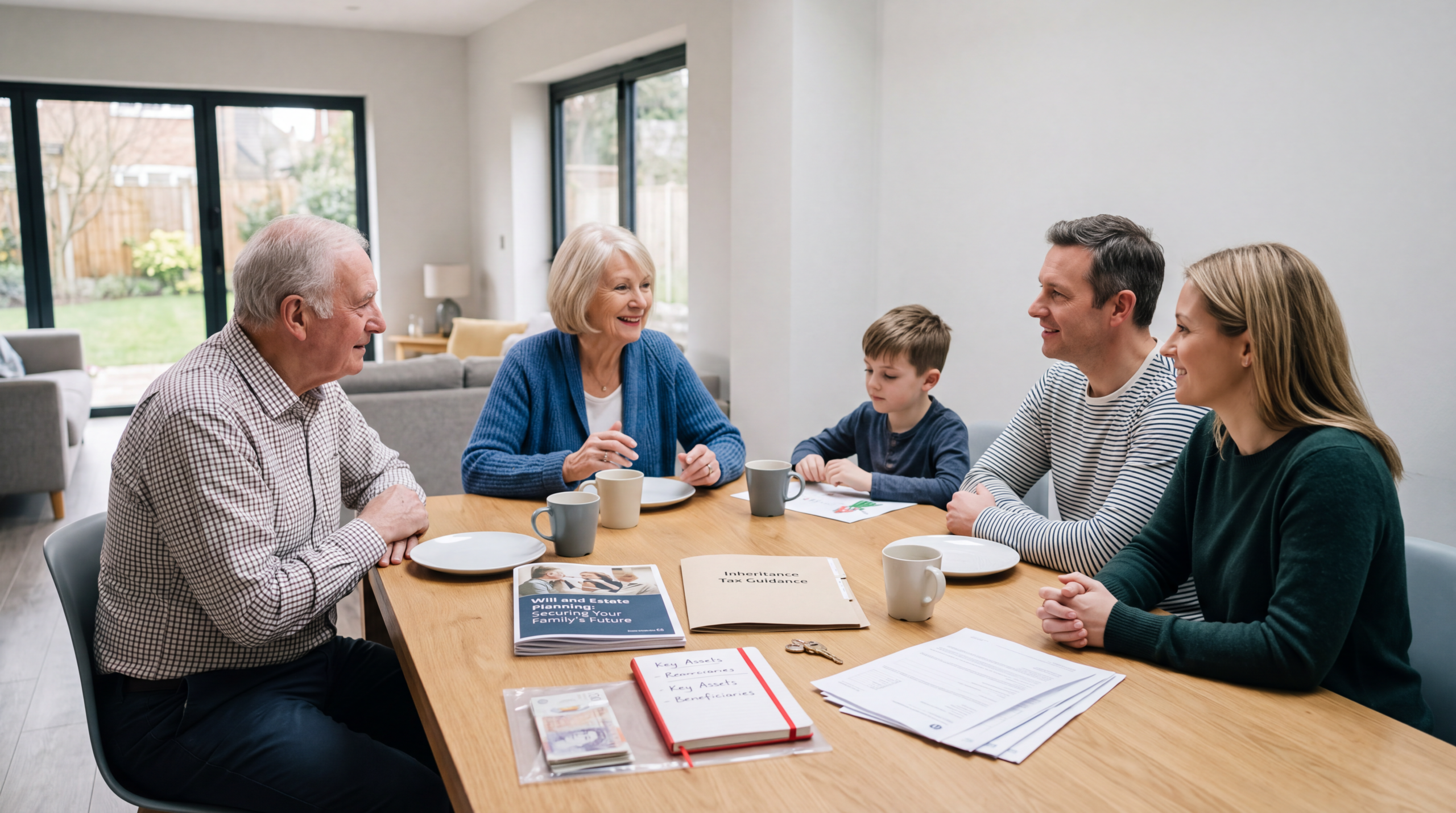 Grandparents discussing their financial legacy and estate planning with their adult children at home