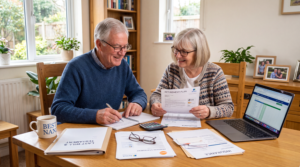 Retired couple organising financial documents, pension paperwork, and a will at a dining table