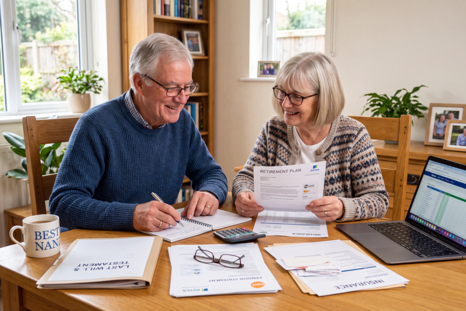 Retired couple organising financial documents, pension paperwork, and a will at a dining table
