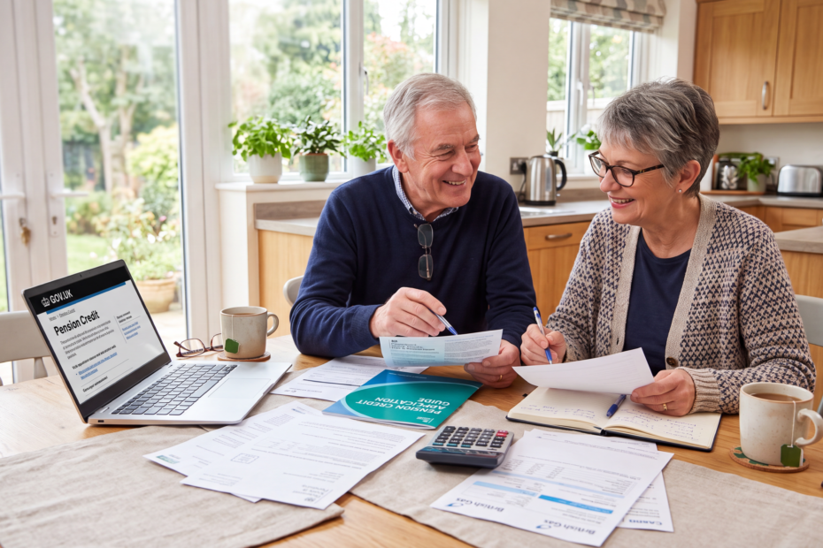 Retired couple reviewing Pension Credit information and household finances at home