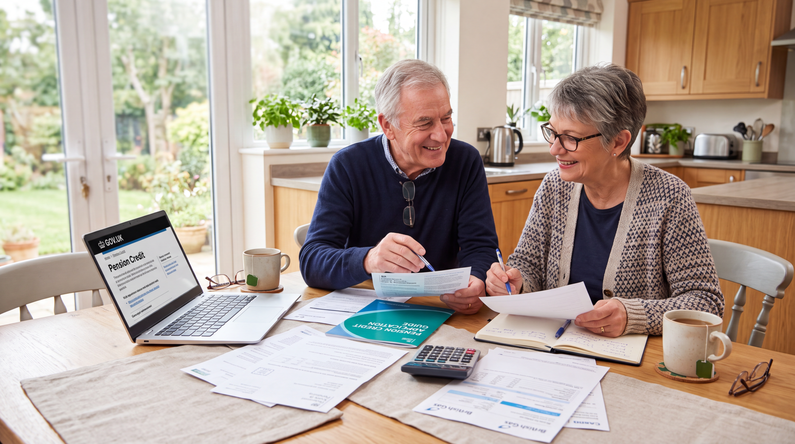 Retired couple reviewing Pension Credit information and household finances at home