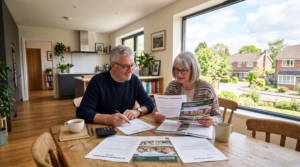 Retired couple comparing housing options while reviewing financial documents in their living room