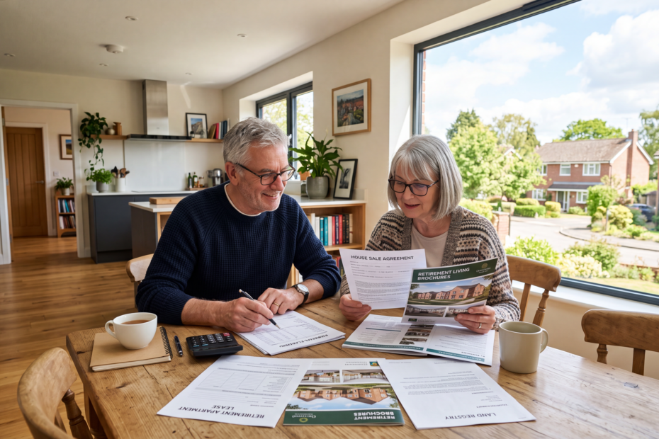Retired couple comparing housing options while reviewing financial documents in their living room