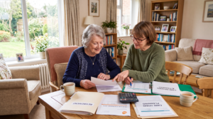 Retired woman reviewing pension statements with a family member before moving into a care home