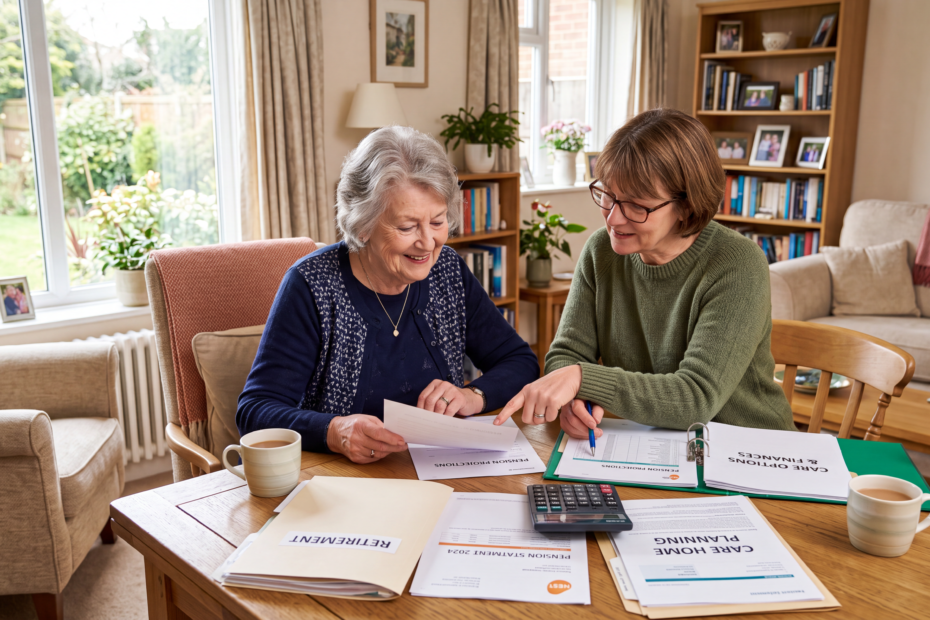 Retired woman reviewing pension statements with a family member before moving into a care home