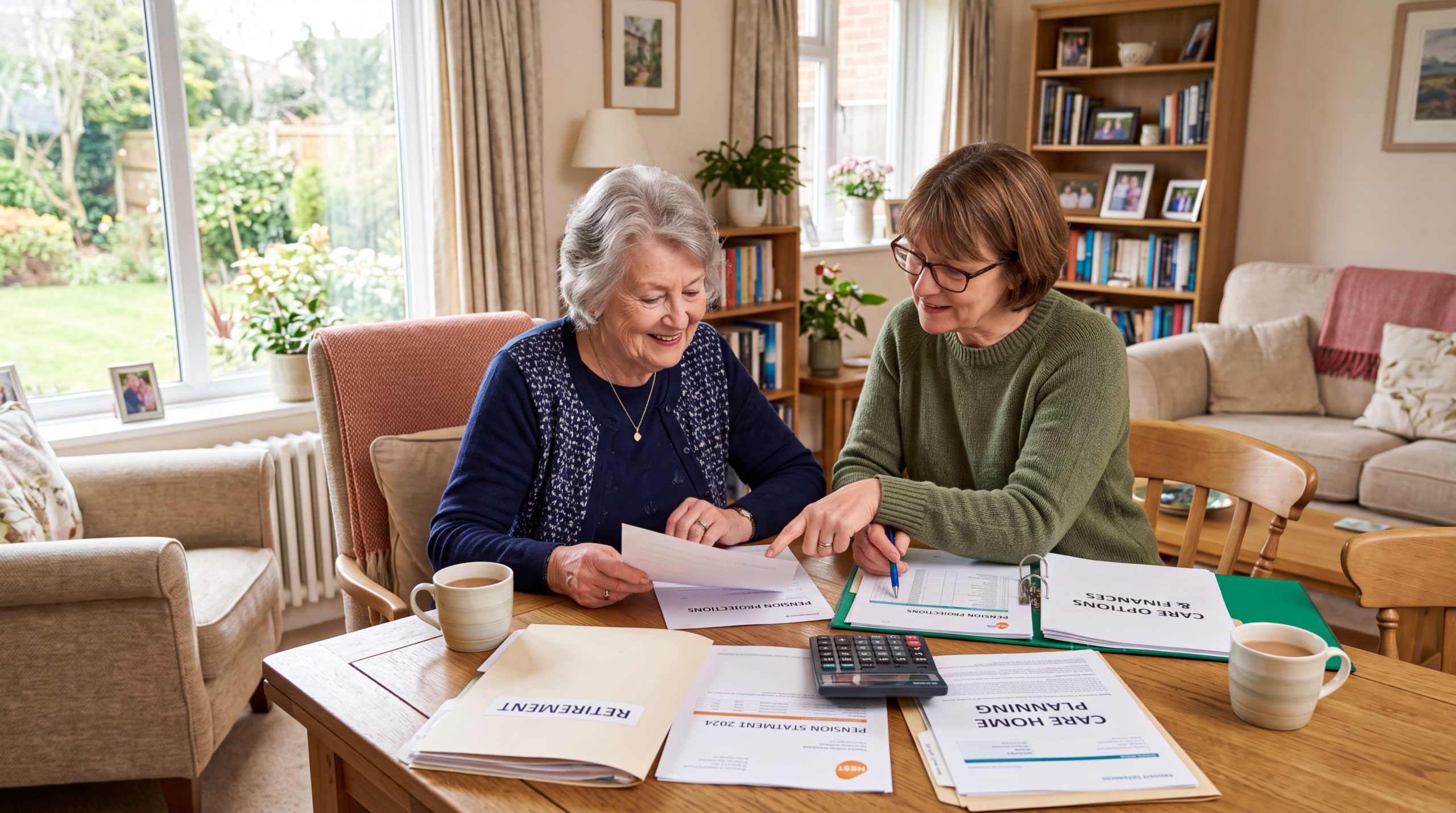 Retired woman reviewing pension statements with a family member before moving into a care home