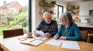 Retired couple reviewing pension documents and beneficiary forms while planning their estate