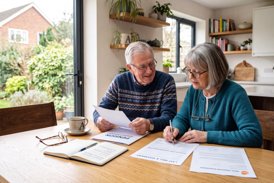 Retired couple reviewing pension documents and beneficiary forms while planning their estate