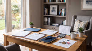Retirement planning documents, pension paperwork and house keys on a desk representing important steps to take before retirement