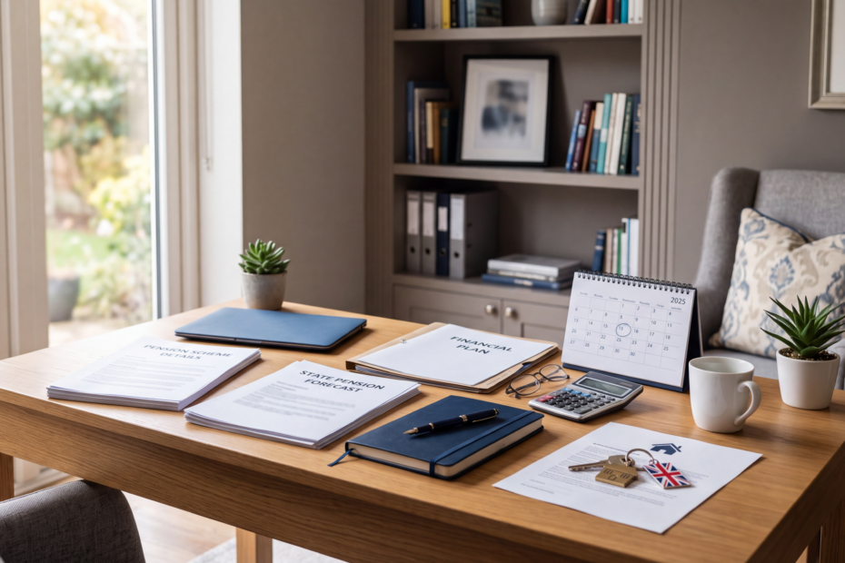 Retirement planning documents, pension paperwork and house keys on a desk representing important steps to take before retirement