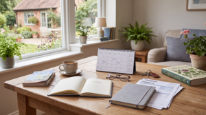 Retirement planning documents, calendar and leisure items representing the first year of retirement
