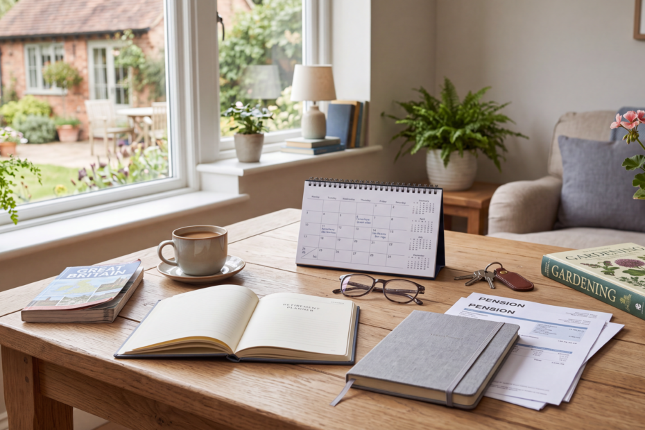 Retirement planning documents, calendar and leisure items representing the first year of retirement