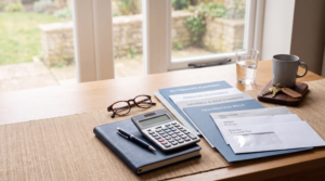 Retirement income planning documents, calculator and household bills on a desk