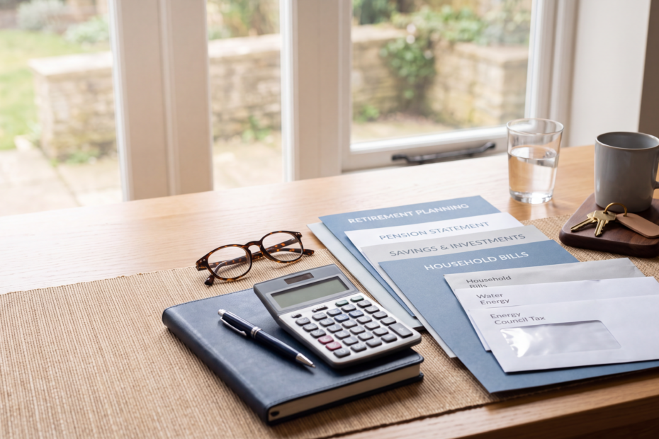 Retirement income planning documents, calculator and household bills on a desk