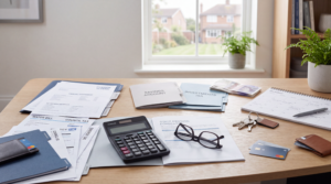 Pension documents, household bills and financial planning items representing common retirement mistakes.