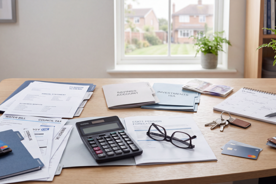 Pension documents, household bills and financial planning items representing common retirement mistakes.