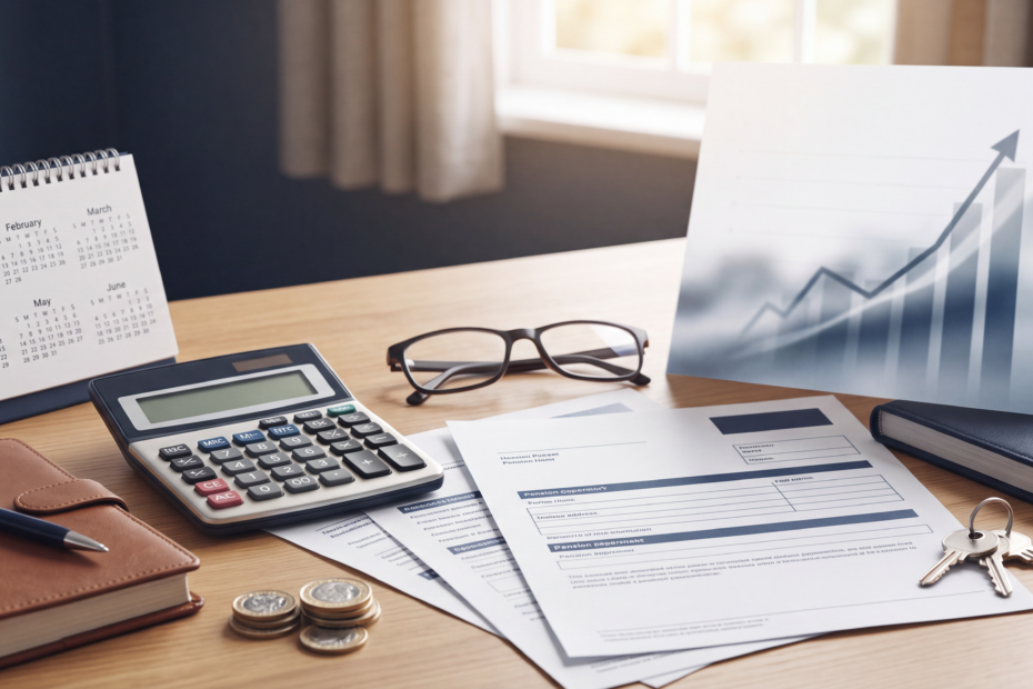 UK State Pension documents, calculator and financial planning items representing recent pension changes.