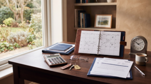 Retirement planning documents, calendar and clock representing the decision about when to retire.