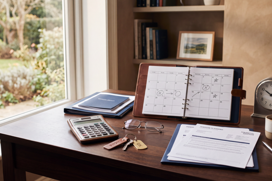 Retirement planning documents, calendar and clock representing the decision about when to retire.