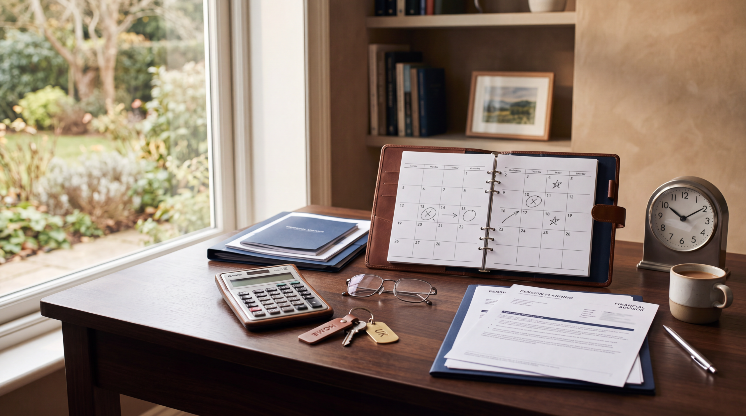 Retirement planning documents, calendar and clock representing the decision about when to retire.