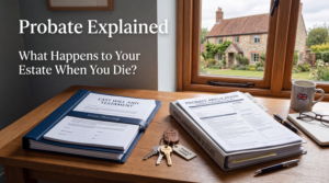 Probate explained with a Will, estate documents, house keys and a British family home representing the estate administration process