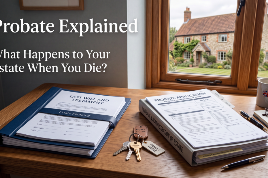 Probate explained with a Will, estate documents, house keys and a British family home representing the estate administration process