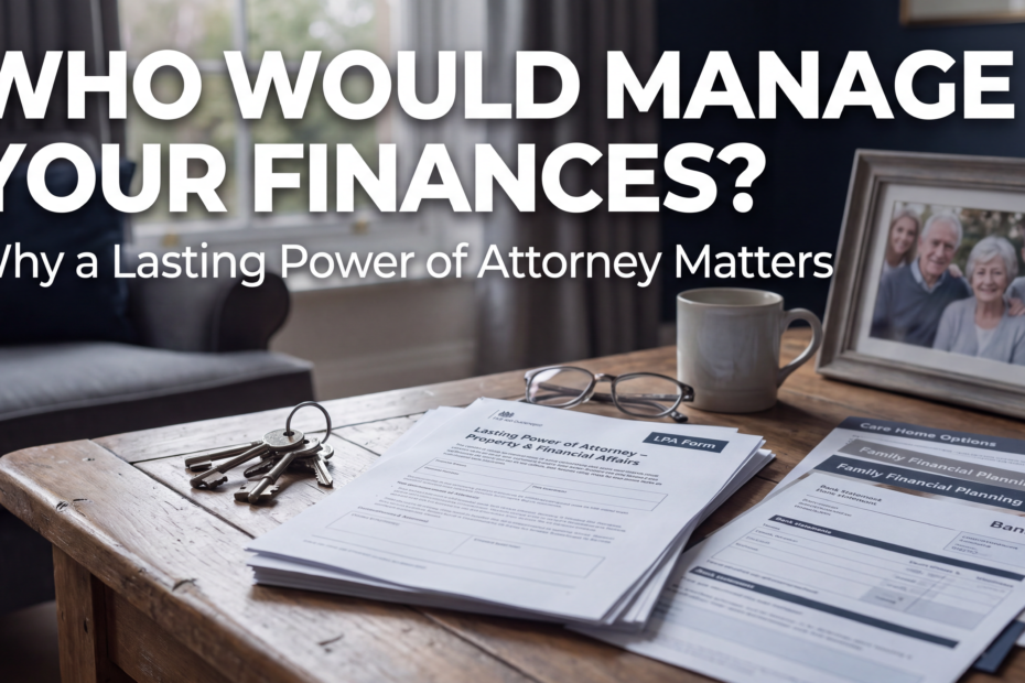 Elderly homeowner and family discussing finances, care arrangements and Lasting Power of Attorney planning