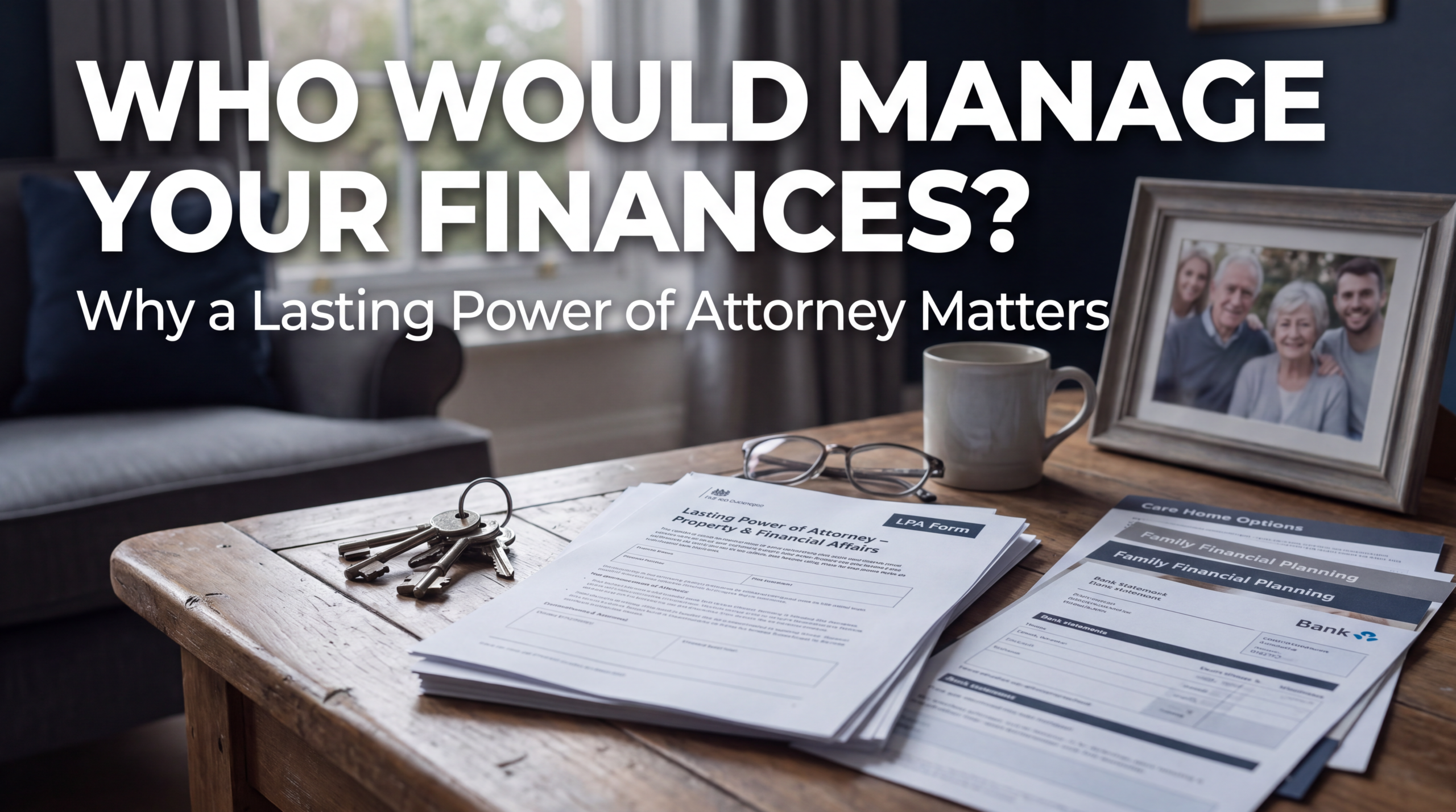Elderly homeowner and family discussing finances, care arrangements and Lasting Power of Attorney planning